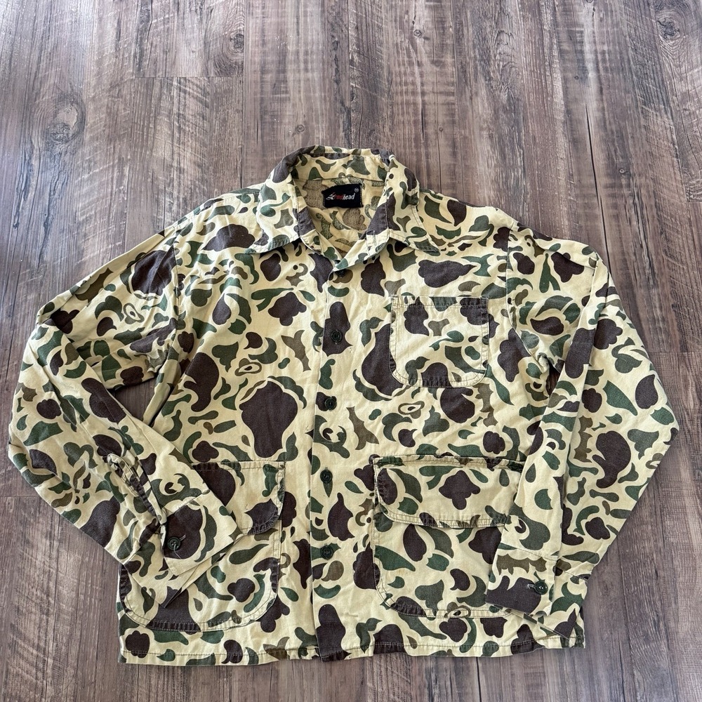VTG Red Head Shirt Mens M Duck Camo Grunge Crop Boxy Hunting Woodland Button Up